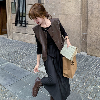 2点セット！【セットアップ】フレンチデザイン プリーツワンピース＋ベスト セット 秋新作 大人カジュアル ファッションコーデ【JZシリーズ】