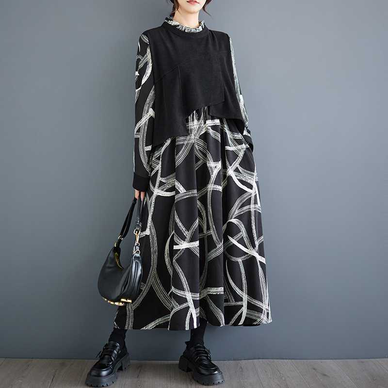 【ワンピース】春秋 個性柄 カジュアル レイヤード風 長袖ワンピース【SHシリーズ】