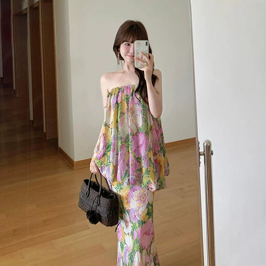 【ワンピース】【撮影用・映えドレス】花柄 オフショルダー ワンピース｜レイヤード風 ベアトップ ロング丈 ノースリーブ｜海辺 リゾート ビーチ【SHシリーズ】
