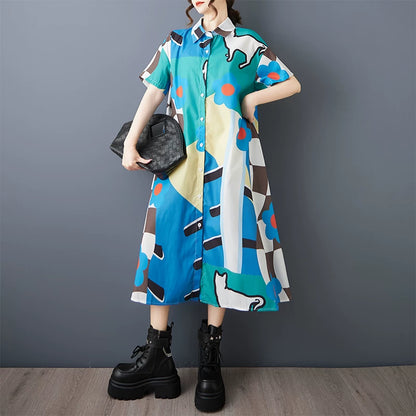 期間限定⭐60%OFF【ワンピース】韓国風 猫プリント シャツドレス 半袖 ワンピース 夏 大きいサイズ 痩せ見え Aライン ミモレ丈 体型カバー お洒落 カジュアル ぽっちゃり【SHシリーズ】
