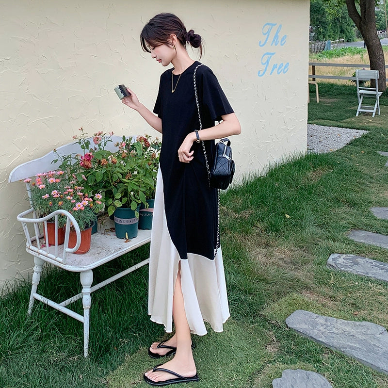 【ワンピース】個性配色切り替えアシンメトリー半袖 Tシャツワンピース 夏 ゆったりロング丈【JZシリーズ】