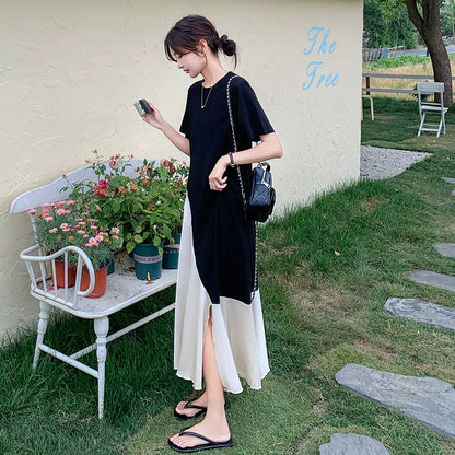 【ワンピース】個性配色切り替えアシンメトリー半袖 Tシャツワンピース 夏 ゆったりロング丈【JZシリーズ】