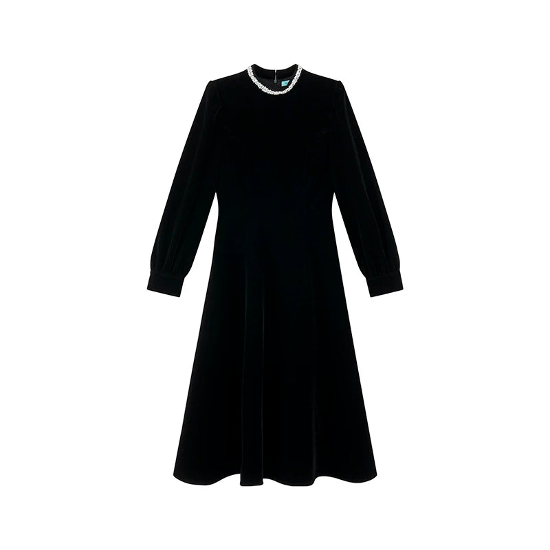 【ワンピース】パールネック ウエストシェイプ ベロア 上品 長袖 ワンピース 【JZシリーズ】