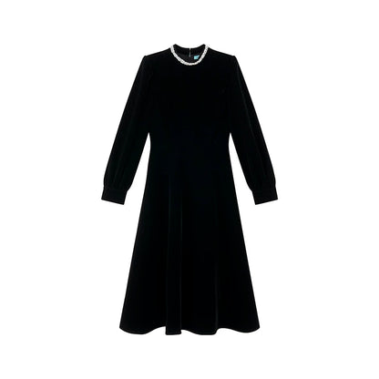 【ワンピース】パールネック ウエストシェイプ ベロア 上品 長袖 ワンピース 【JZシリーズ】