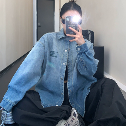 【トップス】春秋 アメリカンスタイル ヴィンテージ加工 グラデーション 刺繍 デニムシャツジャケット【FCシリーズ】