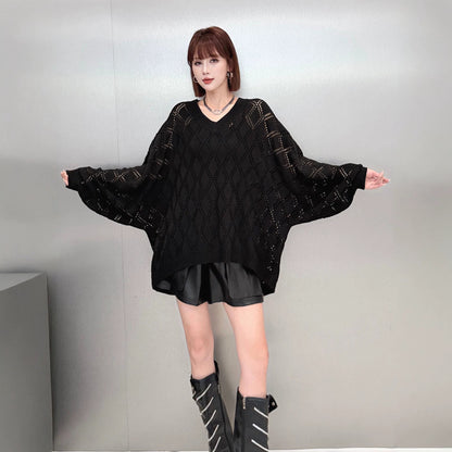 【トップス】個性デザイン 透かしニット レディース Vネック ワイドシルエット 秋コーデ【AHシリーズ】