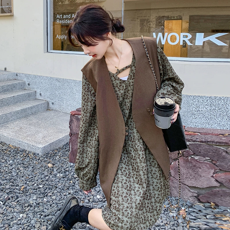 2点セット！【セットアップ】ファッション高級感 スーツベスト＋プリントワンピース セットアップ レディース 秋【SHシリーズ】