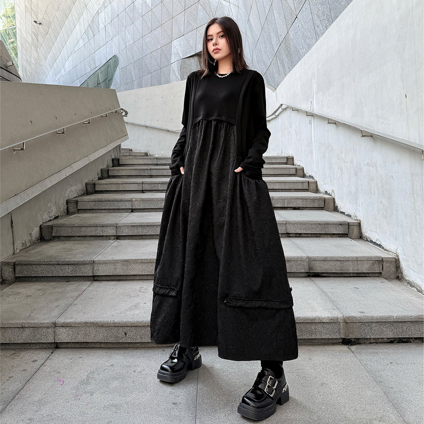 【ワンピース】ドローストリング付き ゆったりとした 春 秋 冬 切り替え 長袖 ワンピース 【AHシリーズ】