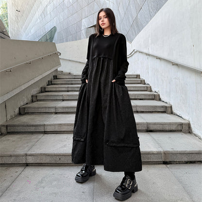 【ワンピース】ドローストリング付き ゆったりとした 春 秋 冬 切り替え 長袖 ワンピース 【AHシリーズ】