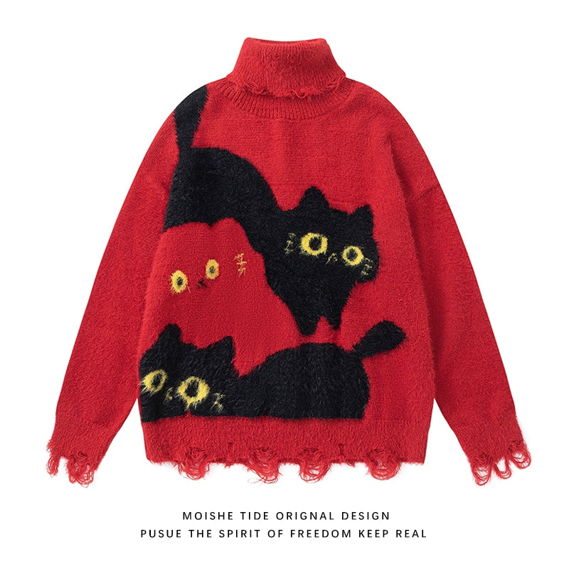 【トップス】秋冬 ねこ柄 破れ風 ダメージニット レトロ かわいい ゆったり 男女兼用 セーター【FCシリーズ】