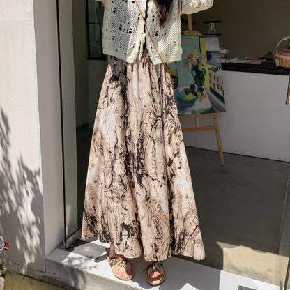 【ボトムス】ハイウエスト レトロ水墨柄 フレアロングスカート Aライン シフォンスカート【SHシリーズ】