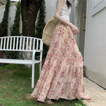 【ボトムス】フレンチ花柄シフォンスカート レディース 夏 ロング丈 フレアシルエット ハイウエスト 上品エレガント【SHシリーズ】