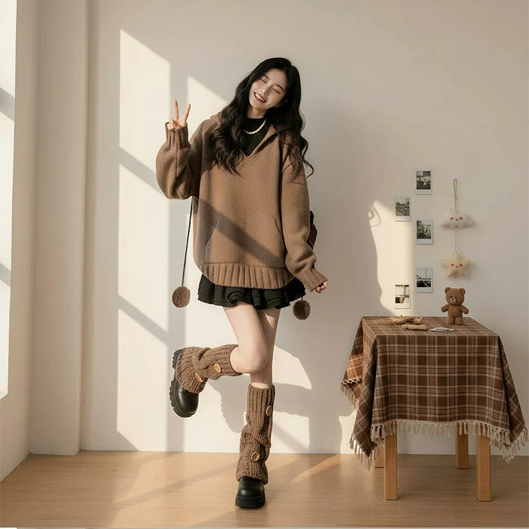 【セットアップ】コーヒー フード付き セーター + ブラックワンピース 2点上下セット【JZシリーズ】