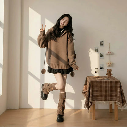 【セットアップ】コーヒー フード付き セーター + ブラックワンピース 2点上下セット【JZシリーズ】