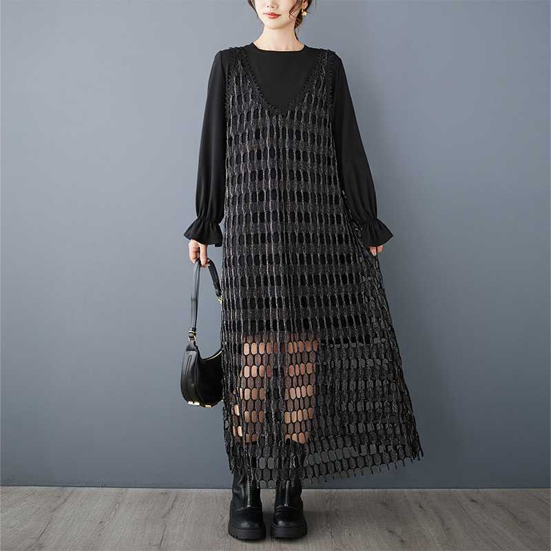 【ワンピース】デザイン感 シルバーラメ メッシュ ベストワンピース＋無地 長袖Tシャツ 2点セット ゆったり【AHシリーズ】