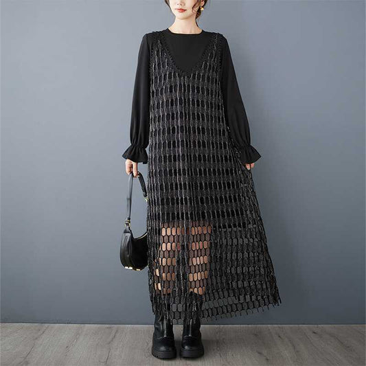 【ワンピース】デザイン感 シルバーラメ メッシュ ベストワンピース＋無地 長袖Tシャツ 2点セット ゆったり【AHシリーズ】