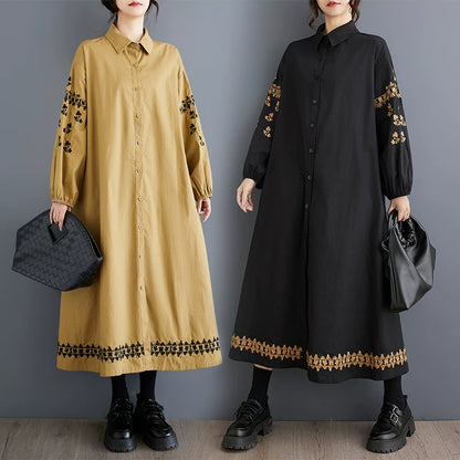 期間限定⭐️60%OFF【ワンピース】春秋新作 ワイドシルエット 大きいサイズ 刺繍アクセント 切り替えシャツワンピース 長袖【AHシリーズ】