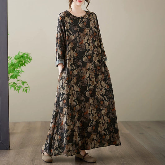 【ワンピース】春新作 花柄 クルーネック 長袖 ワンピース ゆったり 大きいサイズ 体型カバー リゾート風【SHシリーズ】