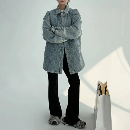 【24AW】【10～15日内発送】【アウター】韓国風 ヴィンテージ加工 菱形 刺繍 綿入れコート【FCシリーズ】