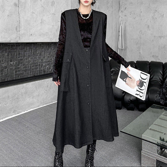 【ワンピース】暗黒系 大きめポケット デニムキャミワンピース レディース ゆったり体型カバー ロング丈 ノースリーブワンピース【AHシリーズ】