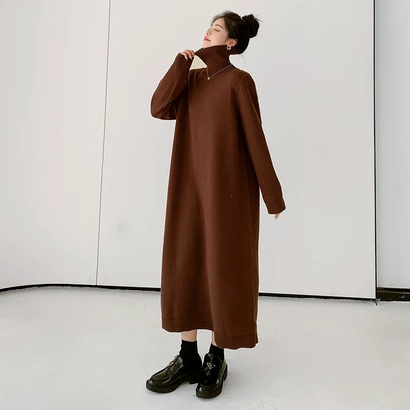 【ワンピース】韓国風ルーズシルエットハイネックニットワンピース レディース 秋冬新作 大きいサイズ 無地 ロング丈【JZシリーズ】
