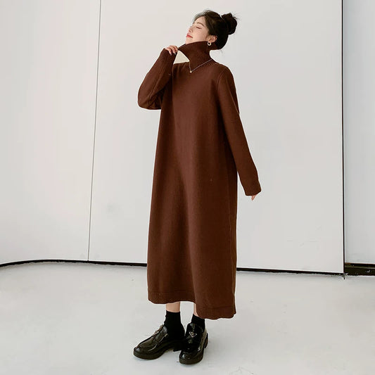 【ワンピース】韓国風ルーズシルエットハイネックニットワンピース レディース 秋冬新作 大きいサイズ 無地 ロング丈【JZシリーズ】