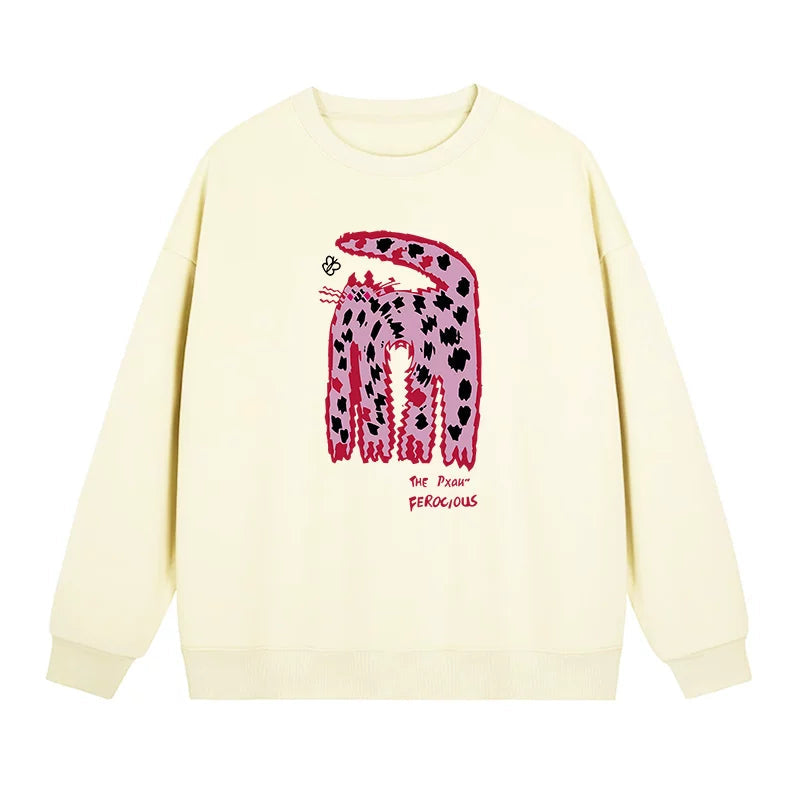 S~2XL【トップス】クルーネック ネコ スウェット レディース 韓国風 ゆったり 学生風 豹柄 猫 秋冬パーカー【FCシリーズ】