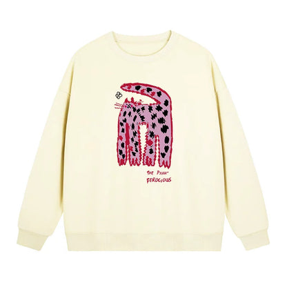 S~2XL【トップス】クルーネック ネコ スウェット レディース 韓国風 ゆったり 学生風 豹柄 猫 秋冬パーカー【FCシリーズ】