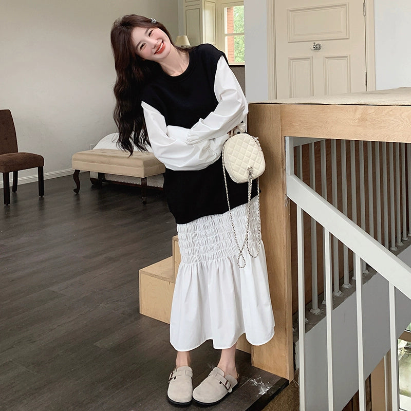 【ワンピース】レイヤード風 スウェットワンピース レディース ゆったり 体型カバー カジュアル ロング丈 長袖ワンピース 冬向け【JZシリーズ】