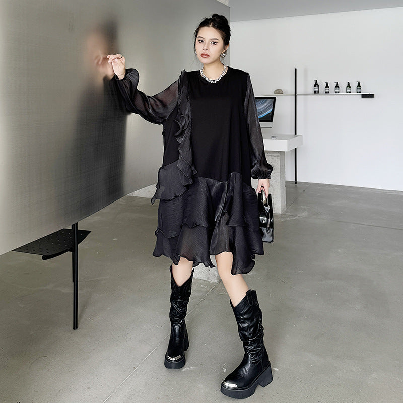 【ワンピース】春 秋 冬 オーガンジー切替 ゆったり ティアード ワンピース 【AHシリーズ】