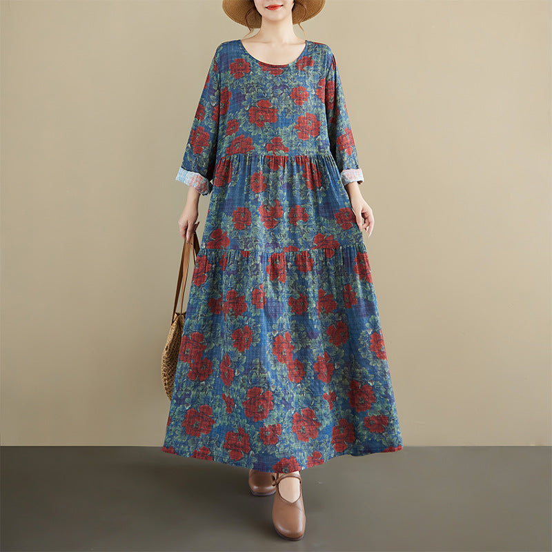 期間限定🍂60%OFF【ワンピース】チェック柄切替ロングワンピース レディース 秋新作 長袖 ゆったり フレア 大人上品【SHシリーズ】