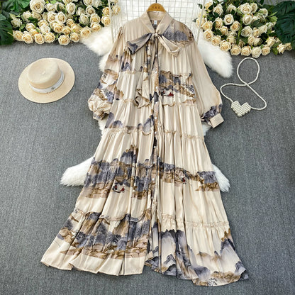 【ワンピース】プリントVネック お腹周りカバー フリル 長袖 ワンピース 【SHシリーズ】