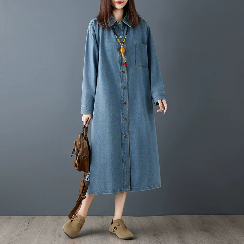 【ワンピース】春新作 シンプル レトロ 長袖 シャツワンピース ストレートシルエット 細見え ロング丈 デニムワンピース レディース【JZシリーズ】