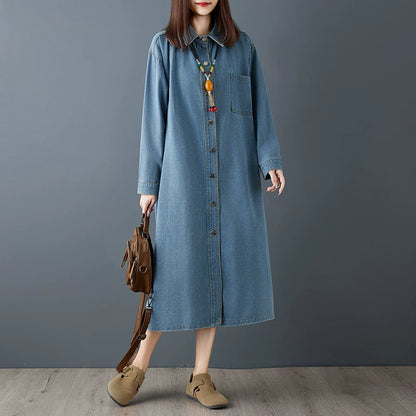 【ワンピース】春新作 シンプル レトロ 長袖 シャツワンピース ストレートシルエット 細見え ロング丈 デニムワンピース レディース【JZシリーズ】
