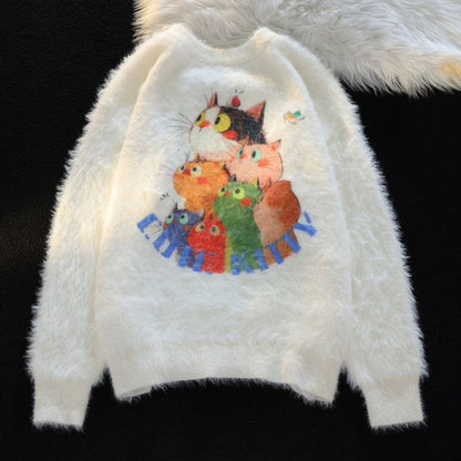 【トップス】ゆったり 小众 上品 クルーネック フェイクミンクニット レディース 猫 ニットセーター