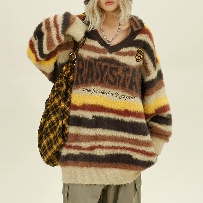 【トップス】アメリカンスタイル しま模様 ゆったり アルファベット ニットセーター【FCシリーズ】