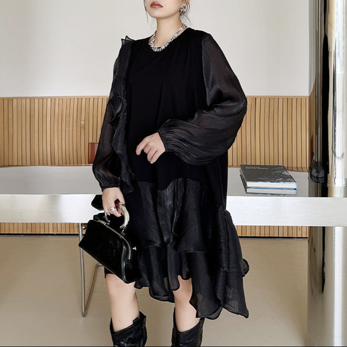 【ワンピース】春 秋 冬 オーガンジー切替 ゆったり ティアード ワンピース 【AHシリーズ】