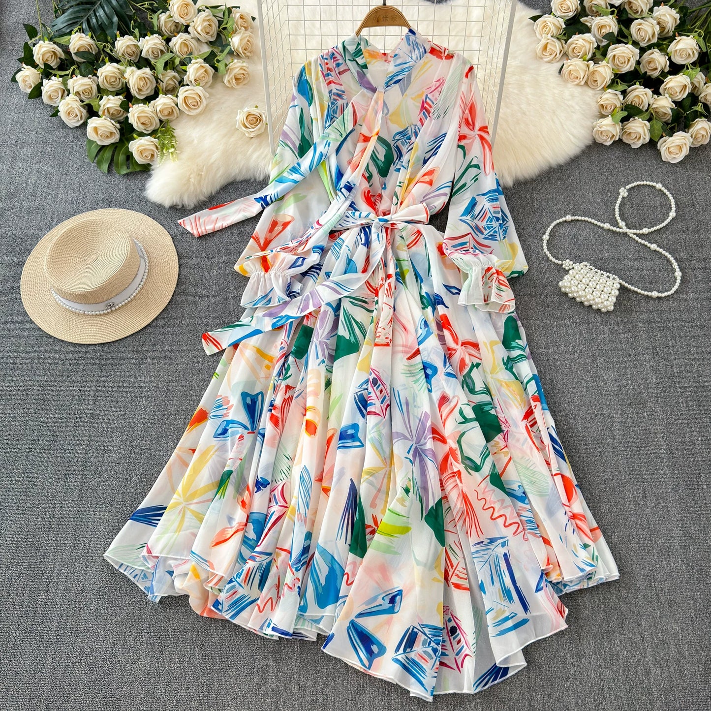 【ワンピース】フレンチエレガンス 気質 レディース シフォン 長袖ワンピース 蝶結びネック フレア 大人可愛い【SHシリーズ】