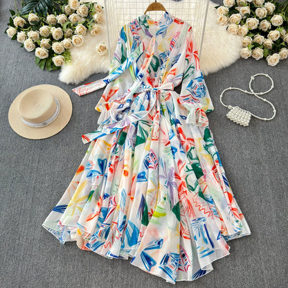 【ワンピース】フレンチエレガンス 気質 レディース シフォン 長袖ワンピース 蝶結びネック フレア 大人可愛い【SHシリーズ】