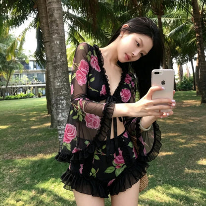 【インナー】ローズ柄ビキニ レディース 長袖水着 深Vネック セパレート リゾート【SHシリーズ】