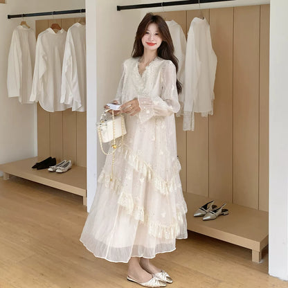 【ワンピース】フランス風 レース 切り替えし 高級感 上品 ピコット 長袖ワンピース【JZシリーズ】