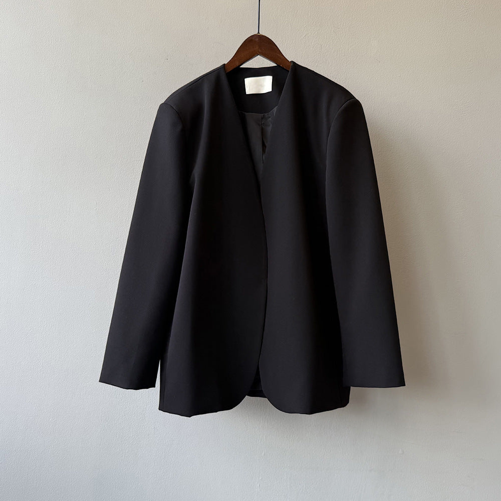 【アウター】気質 ノーカラー ジャケット レディース パッド入りショルダー 秋新作 高級感 ゆったり スーツジャケット【JZシリーズ】