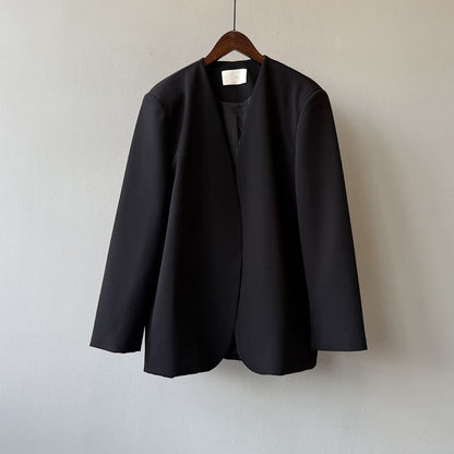【アウター】気質 ノーカラー ジャケット レディース パッド入りショルダー 秋新作 高級感 ゆったり スーツジャケット【JZシリーズ】