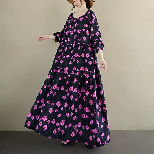 【ワンピース】エスニック風 クルーネック 長袖 ゆるシルエット 大きめサイズ ワンピース【SHシリーズ】