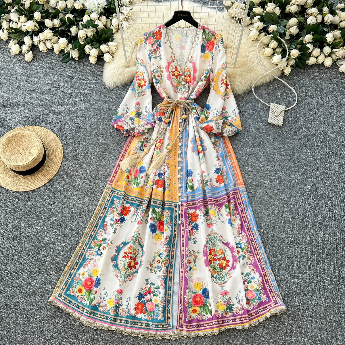 5柄展開🎨【ワンピース】レースフリル花柄ワンピース レディース 春新作 Vネック ボタン付き フィットシルエット フレンチ風【SHシリーズ】