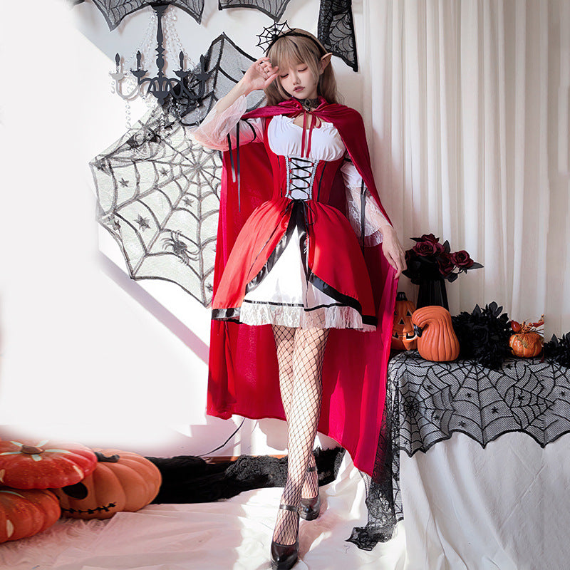 【ハロウィン】大人用赤ずきんコスプレ・ワンピース・マント付き・メイド風・赤いロングドレス