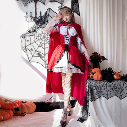 【ハロウィン】大人用赤ずきんコスプレ・ワンピース・マント付き・メイド風・赤いロングドレス