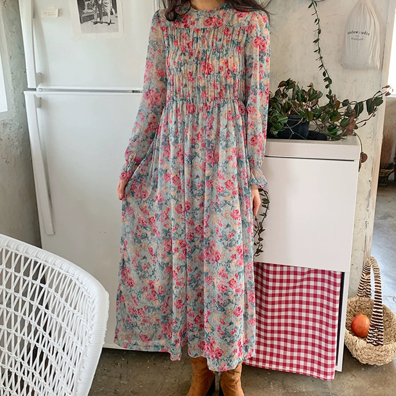 【ワンピース】春 秋 冬 パフスリーブ ラウンドネック シャーリングデザイン 長袖 ワンピース 【JZシリーズ】