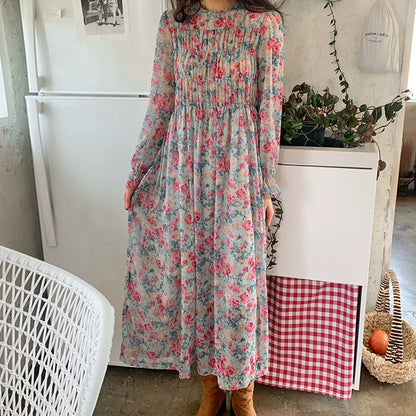 【ワンピース】春 秋 冬 パフスリーブ ラウンドネック シャーリングデザイン 長袖 ワンピース 【JZシリーズ】