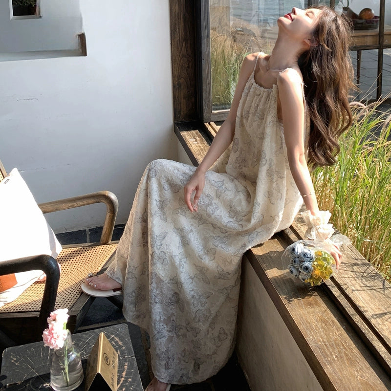【ワンピース】夏新作 レース刺繍＆バタフライプリント ノースリーブキャミソールワンピース 気質漂うエレガントロングドレス【SHシリーズ】